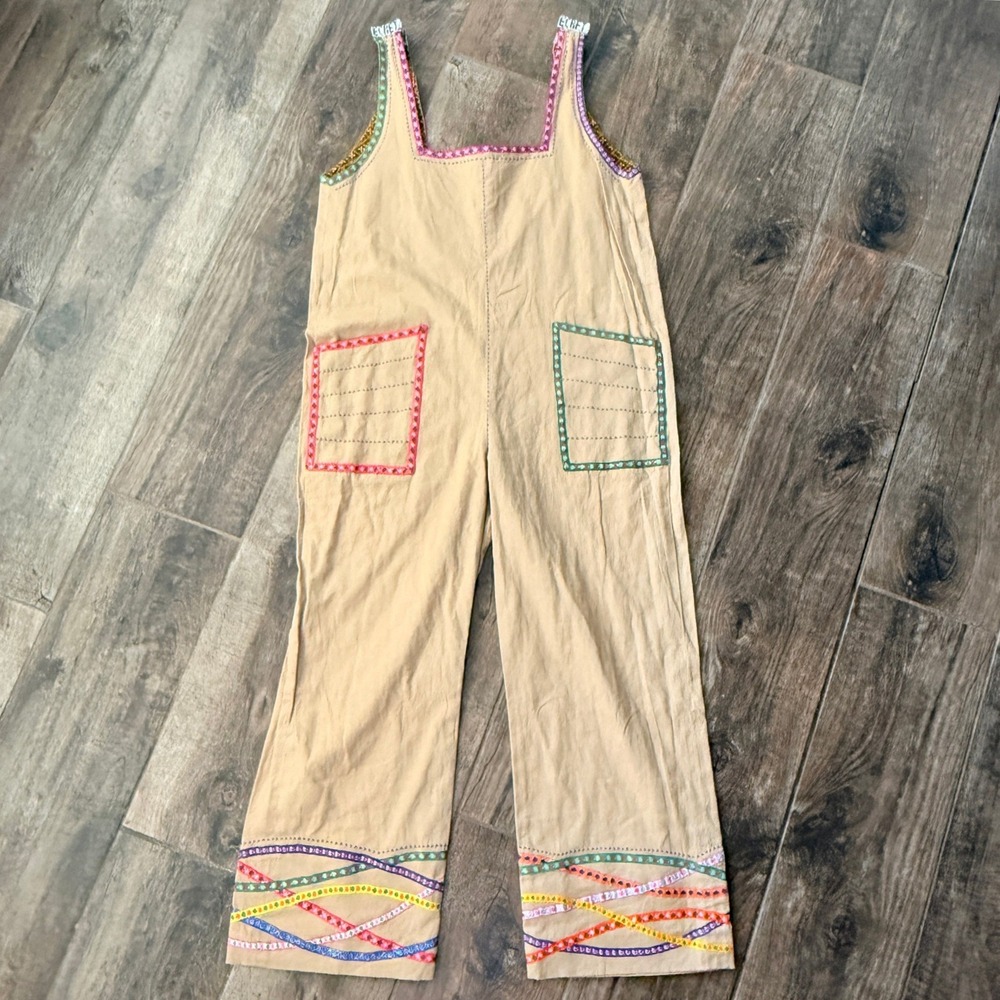 Chula Fashion Boho Whimsy Embroidered Ribbon Trim Wide Leg Jumpsuit, Tan, M